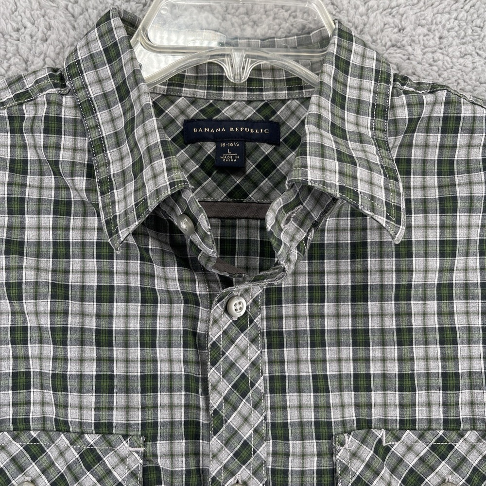 Banana Republic Button Down Shirt Mens Large Green Plaid Pocket Long Sleeve